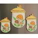 3 wooden magnets hand painted laser cut wood made to look like the 1970s Merry Mushroom canister set